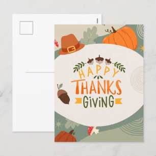 Happy Thanksgiving with Hat, Pumpkin and Pine Holiday Postcard