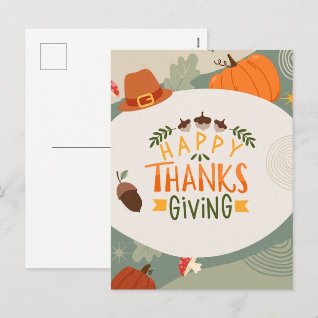 Happy Thanksgiving with Hat, Pumpkin and Pine  Holiday Postcard (Front/Back)