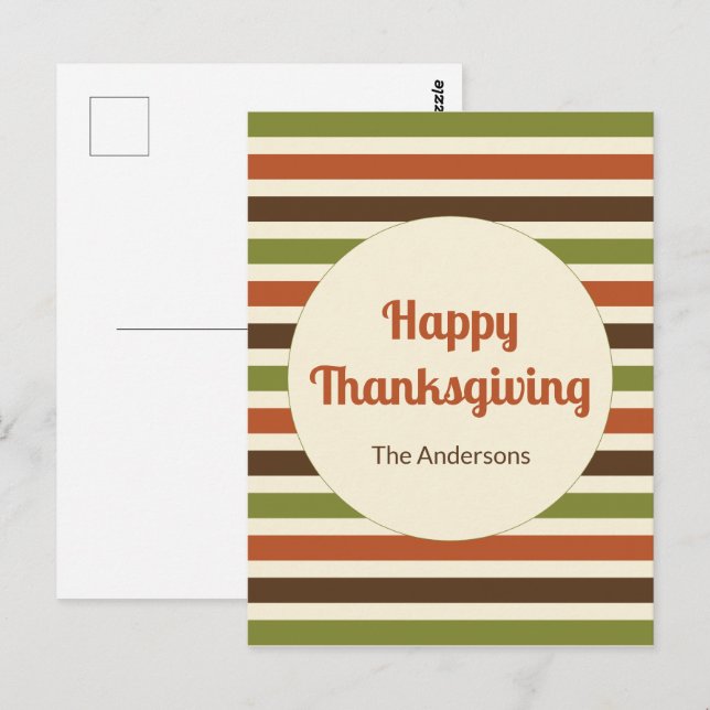 Happy Thanksgiving with Name Autumn Colors Stripes Postcard (Front/Back)