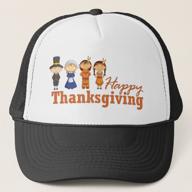 Happy Thanksgiving with Pilgrim Native American Trucker Hat (Front)