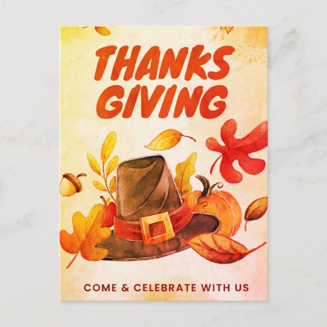 Happy Thanksgiving with Pumpkin and Leaves Fall Ho Holiday Postcard (Front)