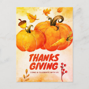 Happy Thanksgiving with Pumpkin and Leaves Fall Holiday Postcard