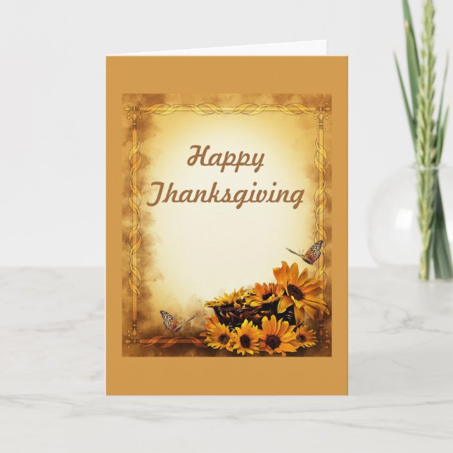 Happy Thanksgiving with sunflowers and butterflies Holiday Card (Front)