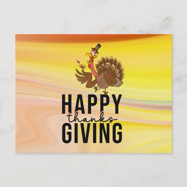Happy Thanksgiving with Turkey sip wine funny  Holiday Postcard (Front)