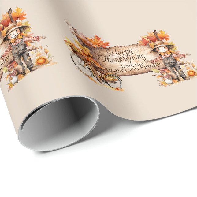 Happy Thanksgiving Wood Sign & Autumn Scene Wrapping Paper (Roll Corner)