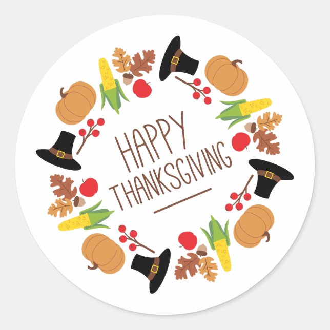 Happy Thanksgiving Wreath Classic Round Sticker (Front)