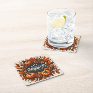 Happy Thanksgiving Wreath Fall Leaves Square Paper Coaster