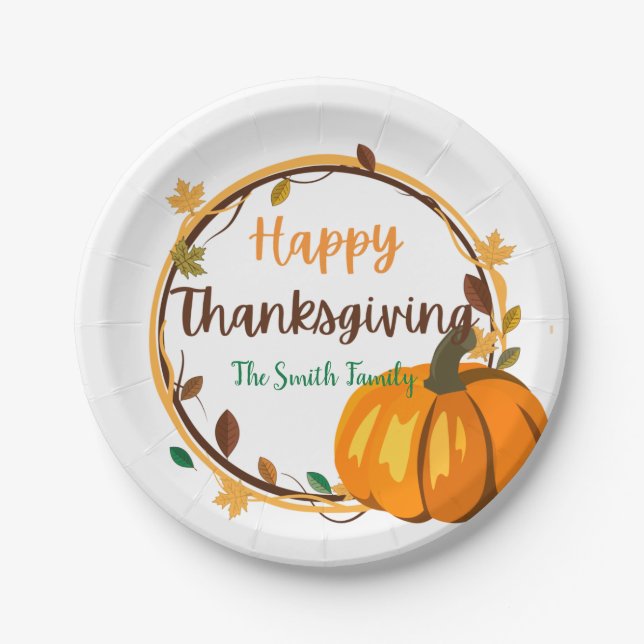Happy Thanksgiving Wreath Paper Plates, 7" Round Paper Plates (Front)