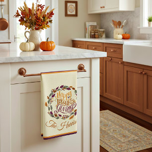 Happy Thanksgiving wreath personalized Kitchen Towel