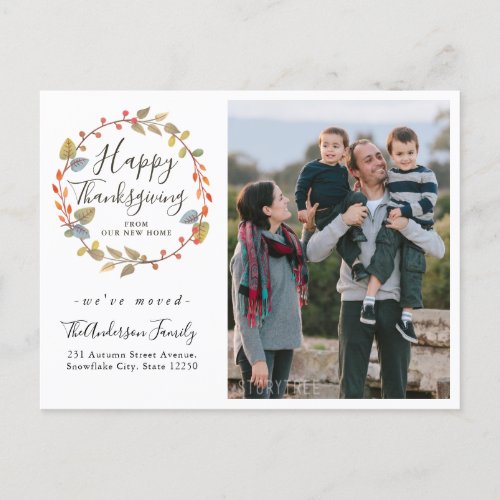 Happy Thanksgiving Wreath Photo Holiday Moving Announcement Postcard