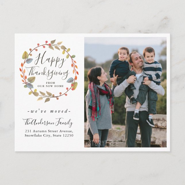 Happy Thanksgiving Wreath Photo Holiday Moving Announcement Postcard (Front)