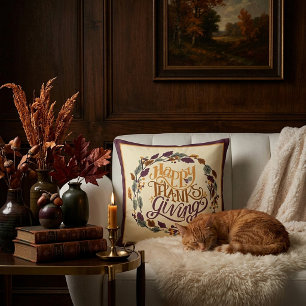 Happy Thanksgiving wreath Throw Pillow