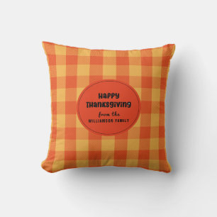 Happy Thanksgiving Yellow Orange Check Plaid Throw Pillow