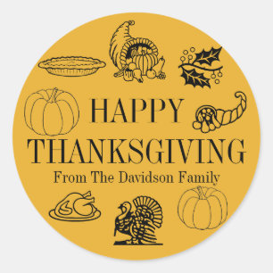 Happy Thanksgiving yellow orange custom name cute Classic Round Sticker
