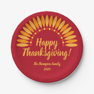 Happy Thanksgiving Yellows Red Add Name & Year 7" Paper Plates