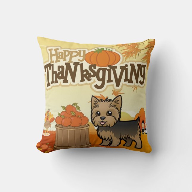 Happy Thanksgiving Yorkie Throw Pillow (Front)
