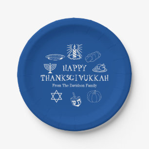 Happy Thanksgivukkah blue Thanksgiving Hanukkah Paper Plates