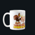 Happy Thanksgivukkah Coffee Mug<br><div class="desc">It's the very funny 'Happy Thanksgivukkah' coffee mug. That's right... this year, for the only time in our lives, Hanukkah falls on Thanksgiving! This classic mug commemorates this rare occurrence with a funny cartoon turkey wearing a yamaka, and lighting the Menorah. A festive orange, brown, and yellow fall theme includes...</div>