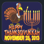 Happy Thanksgivukkah Thankgiving Hanukkah 2013 Square Sticker<br><div class="desc">It's the very funny 'Happy Thanksgivukkah' stickers. That's right... this year, for the only time in our lives, Hanukkah falls on Thanksgiving! This classic sticker commemorates this extremely rare occurrence with a funny cartoon turkey wearing a yamaka, and lighting the Menorah. A festive orange yellow and brown fall design includes...</div>