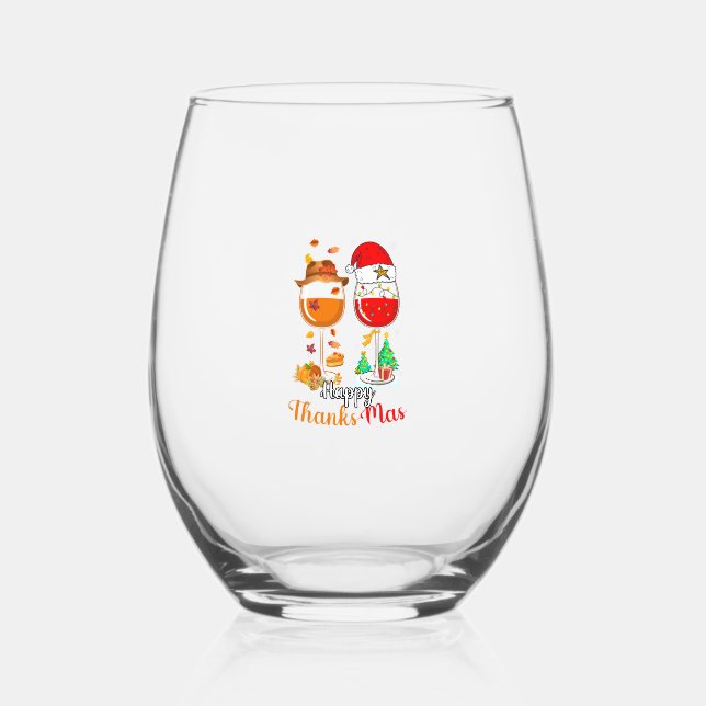 Happy Thanksmas Wine Thanksgiving Christmas Long S Stemless Wine Glass (Front)
