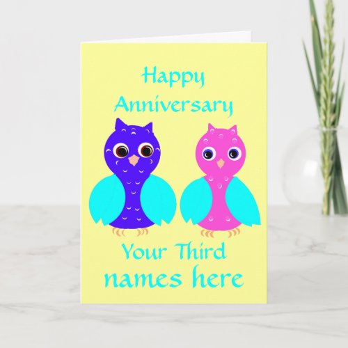 Happy Third Wedding Anniversary Cute Owls Custom Card