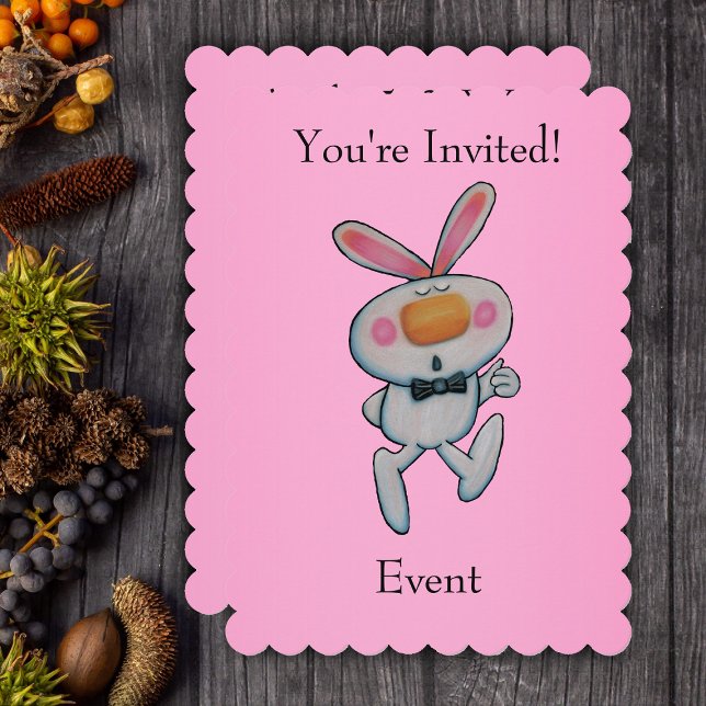 Happy Thumbs Up Bunny Bow Tie Bright Pink Invitation (Cute cartoon white bunny rabbit giving thumbs up wearing black bow tie on pink party invitatiions.)