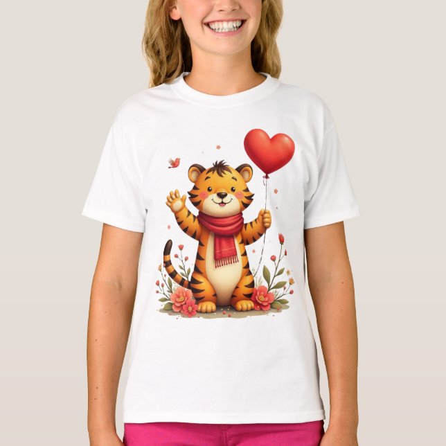 Happy Tiger Holding A Heart Balloon T-Shirt (Front)