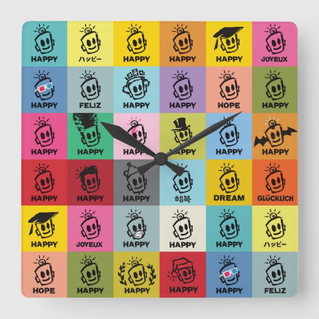 HAPPY time Square Wall Clock (Front)
