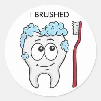 Happy Tooth And Brush Classic Round Sticker by vectortoons at Zazzle