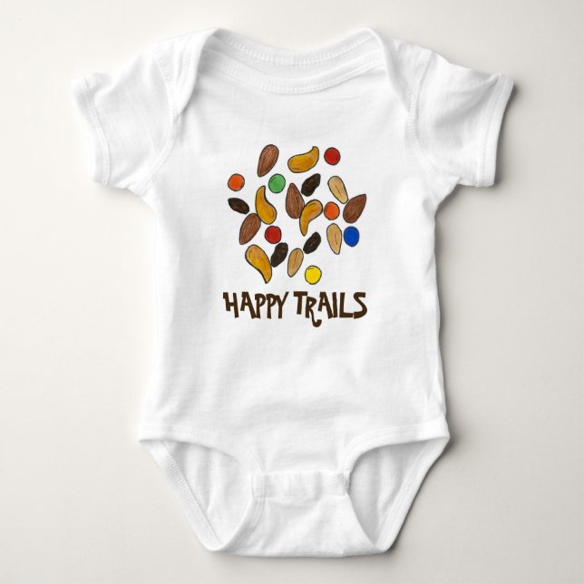 HAPPY TRAILS Camping Trail Mix Camp Camper Snacks Baby Bodysuit (Front)