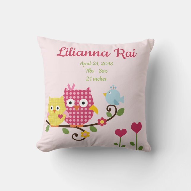 Happy Tree Owls on Branch Keepsake Pillow (Front)