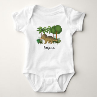 Happy Triceratops Dinosaur With Trees And Plants Baby Bodysuit