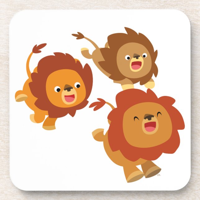 Happy Trio of Cute Cartoon Lions Coasters Set (Front)