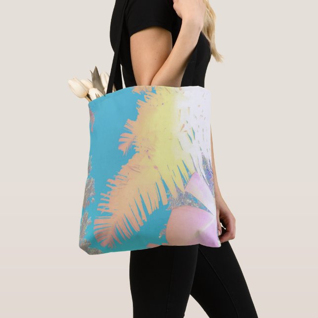 Happy Tropical Vibes Palm Trees Tote Bag (Close Up)
