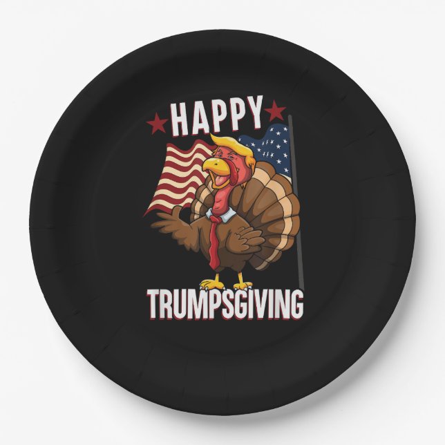 Happy Trumpsgiving Funny Thanksgiving Turkey Trump Paper Plates (Front)