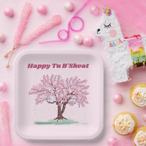 Happy Tu Bshvat  Bishvat Pink Tree Paper Plates