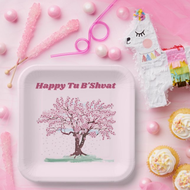 Happy Tu B'shvat / Bishvat Pink Tree Paper Plates (Party)