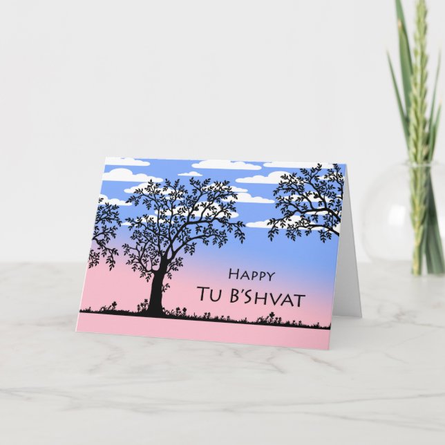 Happy Tu B'Shvat, Silhouette of Trees, Clouds Holiday Card (Front)