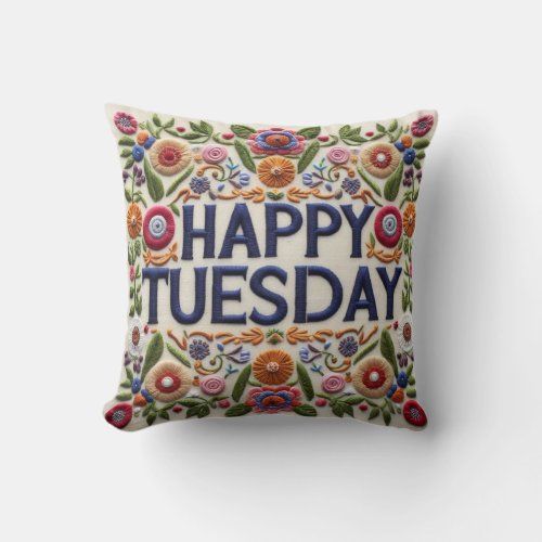Happy Tuesday Flowers  Leaves Elegant Boho Style Throw Pillow
