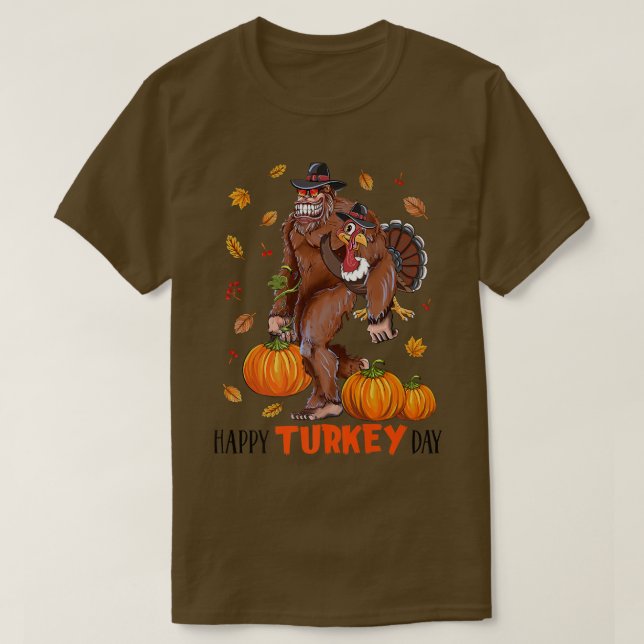 Happy Turkey Day Bigfoot Sasquatch Pilgrim Turkey  T-Shirt (Design Front)