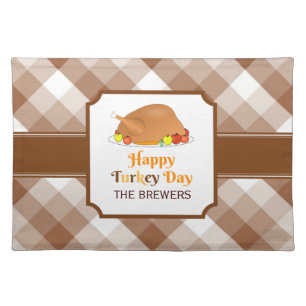 Happy Turkey Day Brown Checkered Cloth Placemat