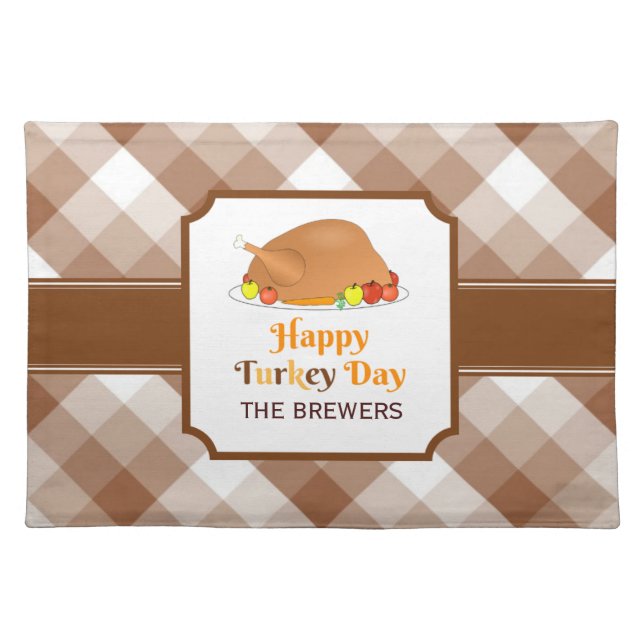 Happy Turkey Day Brown Checkered Cloth Placemat (Front)