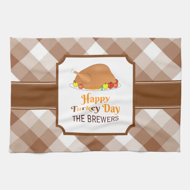 Happy Turkey Day Brown Checkered Kitchen Towels (Horizontal)