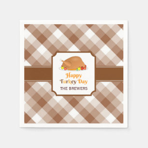 Happy Turkey Day Brown Checkered Paper Napkin