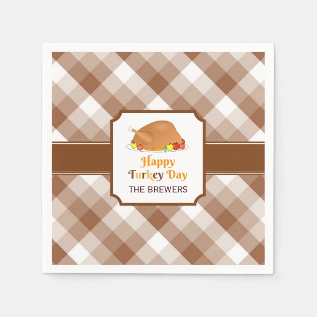 Happy Turkey Day Brown Checkered Paper Napkin (Front)