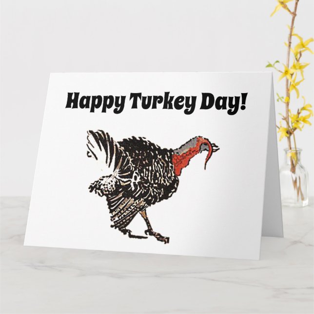 Happy Turkey Day Cartoon Thanksgiving Drawing Card (Yellow Flower)