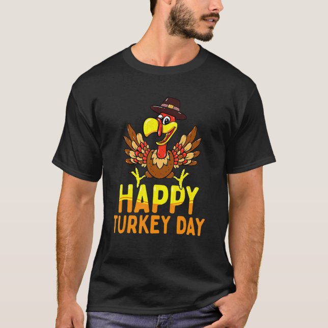 Happy Turkey Day Cute Little Pilgrim Thanksgiving T-Shirt (Front)