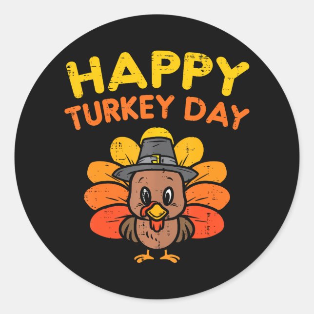 Happy Turkey Day Cute Thanksgiving Pilgrim Boys Classic Round Sticker (Front)