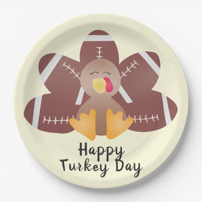 Happy Turkey Day Football Feathers Paper Plates (Front)