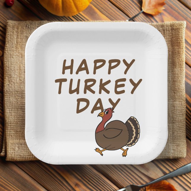 Happy Turkey Day Thanksgiving Square Paper Plates (Happy Turkey Day! Fun square paper plates perfect for Thanksgiving celebrations)